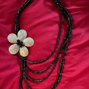 Multi-strand Black Glass Bead Necklace with Mother of Pearl Flower